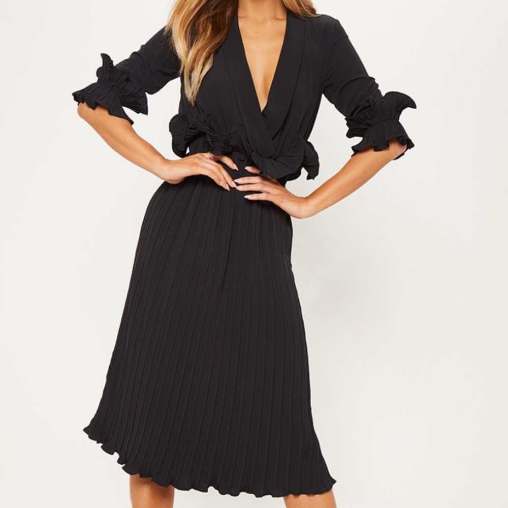 PRETTYLITTLETHING NWT black frill midi dress